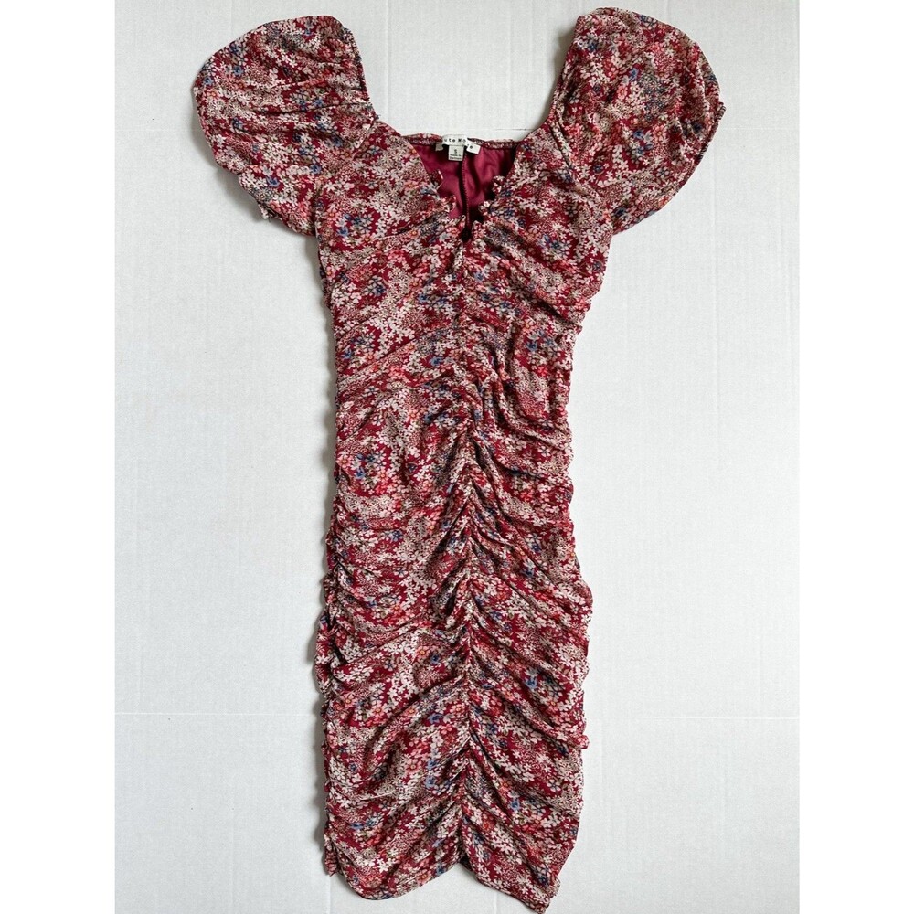 Ruched Floral Mini Dress Women’s Small Red Bodycon Fairy Puff Sleeve